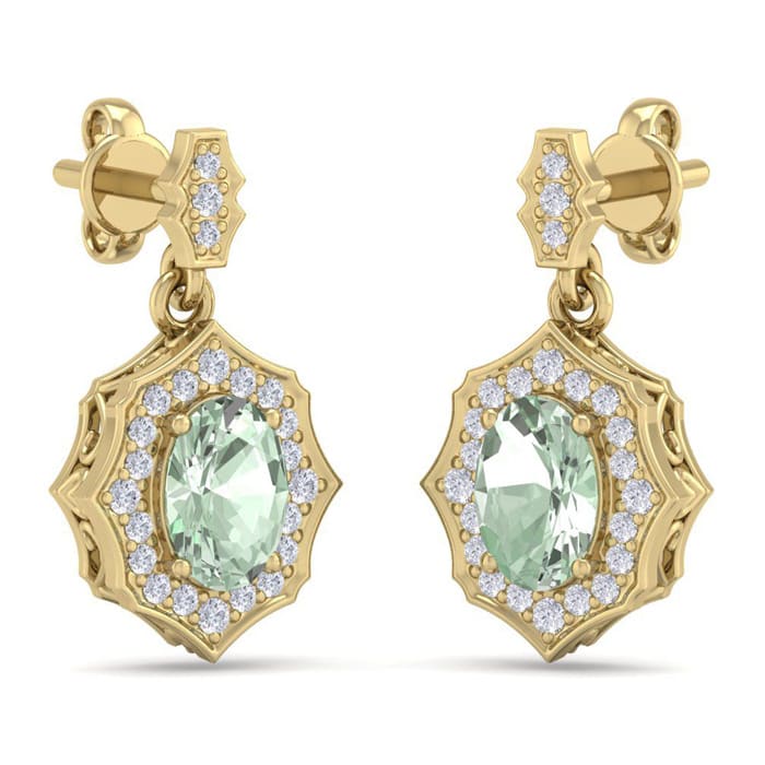 1 2/3 Carat Oval Shape Green Amethyst and Diamond Dangle Earrings In 14 Karat Yellow Gold