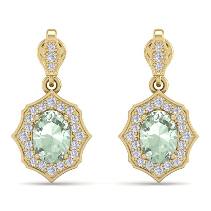 1 2/3 Carat Oval Shape Green Amethyst and Diamond Dangle Earrings In 14 Karat Yellow Gold