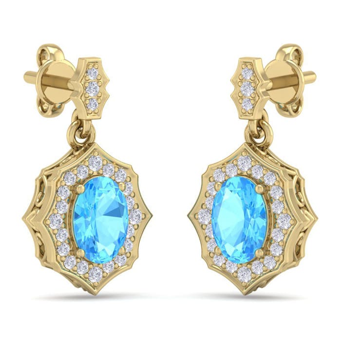 2 1/4 Carat Oval Shape Blue Topaz and Diamond Dangle Earrings In 14 Karat Yellow Gold