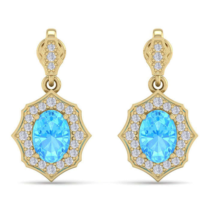 2 1/4 Carat Oval Shape Blue Topaz and Diamond Dangle Earrings In 14 Karat Yellow Gold
