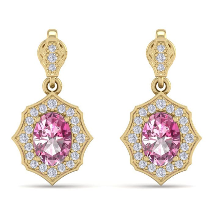 Pink Gemstones 2 1/4 Carat Oval Shape Pink Topaz and Diamond Dangle Earrings In 14 Karat Yellow Gold