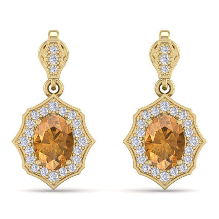 1 3/4 Carat Oval Shape Citrine and Diamond Dangle Earrings In 14 Karat Yellow Gold