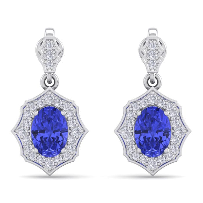 2 1/5 Carat Oval Shape Tanzanite and Diamond Dangle Earrings In 14 Karat White Gold