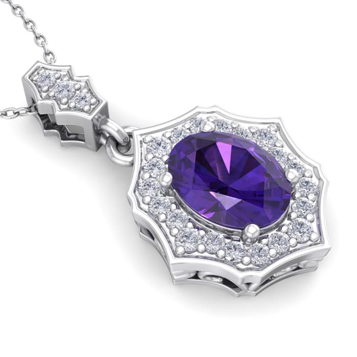 1 1/3 Carat Oval Shape Amethyst and Diamond Necklace In 14 Karat White Gold, 18 Inches