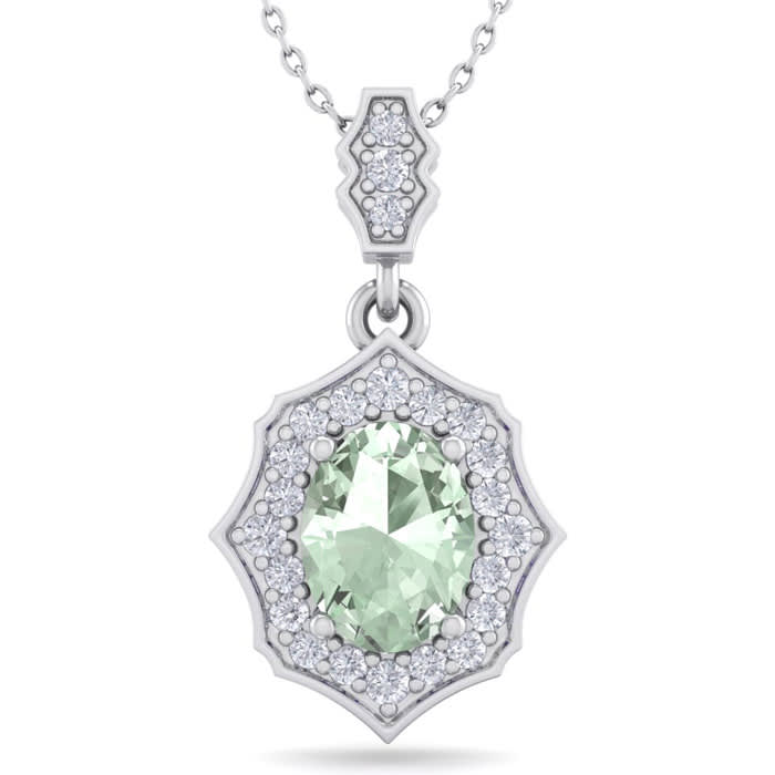 1 1/3 Carat Oval Shape Green Amethyst and Diamond Necklace In 14 Karat White Gold, 18 Inches
