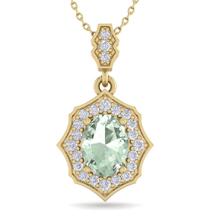 1 1/3 Carat Oval Shape Green Amethyst and Diamond Necklace In 14 Karat Yellow Gold, 18 Inches