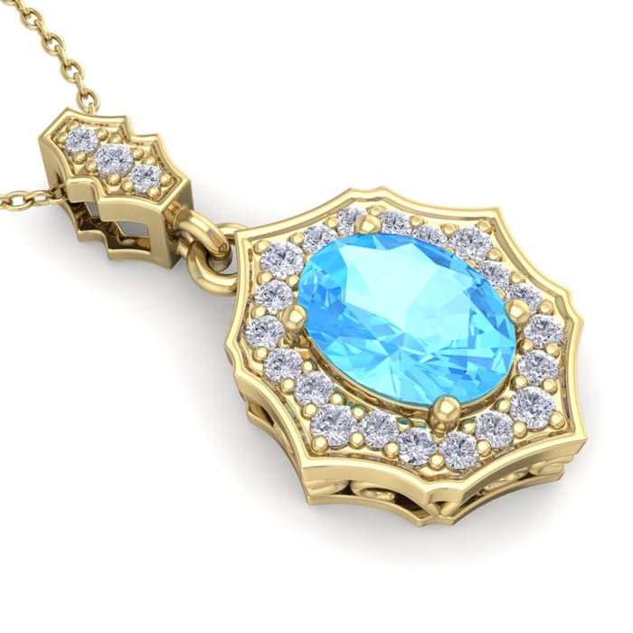 1 3/4 Carat Oval Shape Blue Topaz and Diamond Necklace In 14 Karat Yellow Gold, 18 Inches