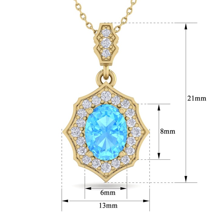 1 3/4 Carat Oval Shape Blue Topaz and Diamond Necklace In 14 Karat Yellow Gold, 18 Inches
