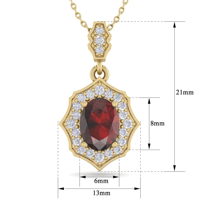 Garnet Necklace: Garnet Jewelry: 1 3/4 Carat Oval Shape Garnet and Diamond Necklace In 14 Karat Yellow Gold, 18 Inches