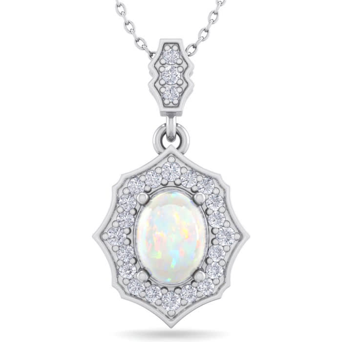 1-1/4 Carat Oval Shape Opal and Diamond Necklace In 14 Karat White Gold, 18 Inches