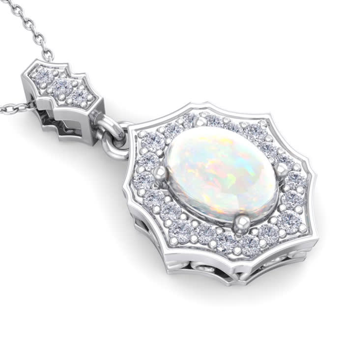 1-1/4 Carat Oval Shape Opal and Diamond Necklace In 14 Karat White Gold, 18 Inches