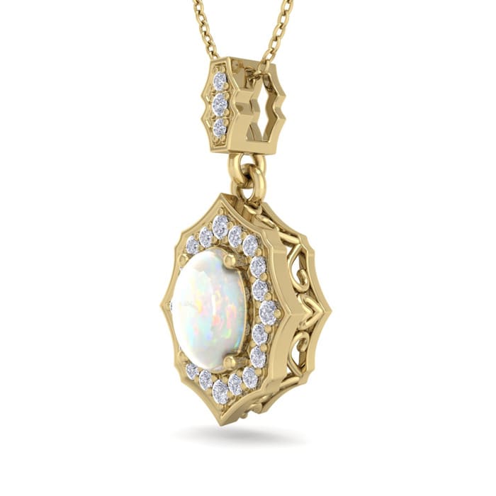 1-1/4 Carat Oval Shape Opal and Diamond Necklace In 14 Karat Yellow Gold, 18 Inches