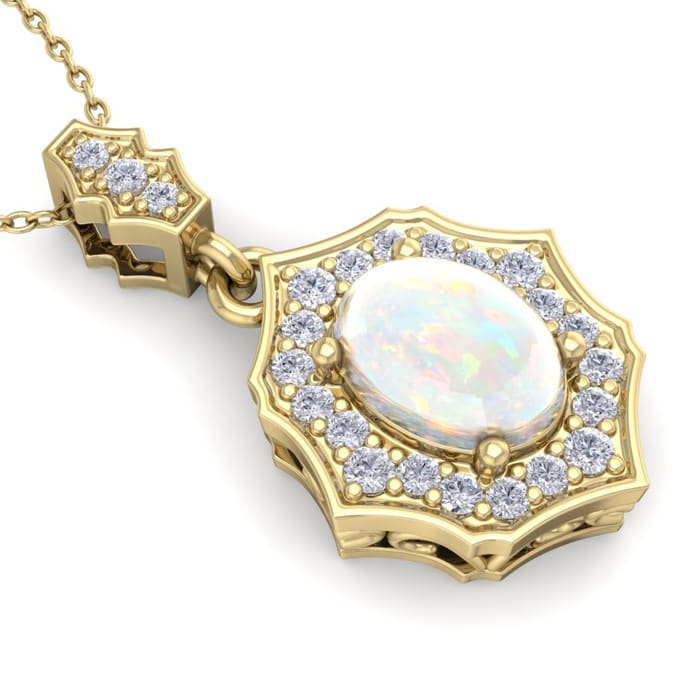 1-1/4 Carat Oval Shape Opal and Diamond Necklace In 14 Karat Yellow Gold, 18 Inches