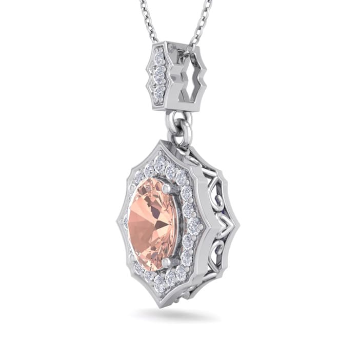 1-1/2 Carat Oval Shape Morganite Necklace With Fancy Diamond Halo In 14 Karat White Gold With18 Inch Chain