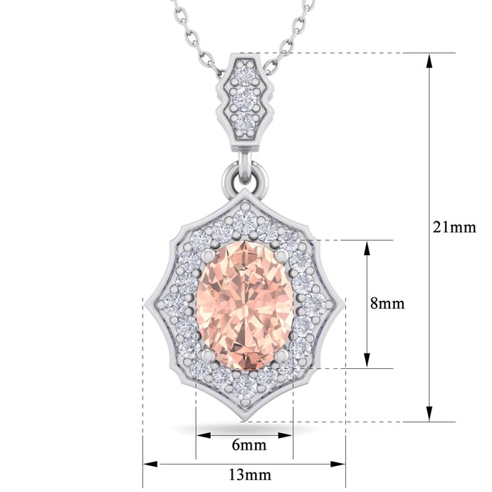 1-1/2 Carat Oval Shape Morganite Necklace With Fancy Diamond Halo In 14 Karat White Gold With18 Inch Chain