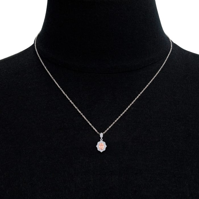 1-1/2 Carat Oval Shape Morganite Necklace With Fancy Diamond Halo In 14 Karat White Gold With18 Inch Chain