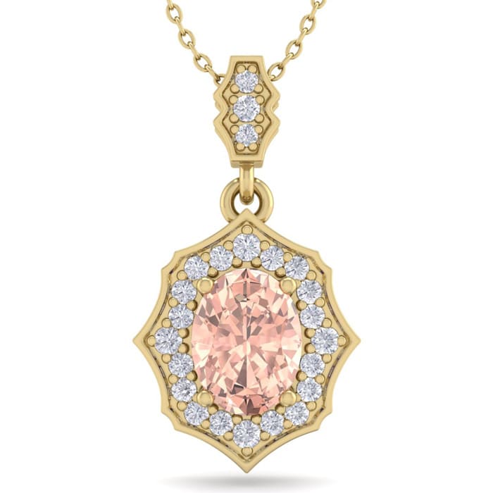 1-1/2 Carat Oval Shape Morganite Necklace With Fancy Diamond Halo In 14 Karat Yellow Gold With18 Inch Chain