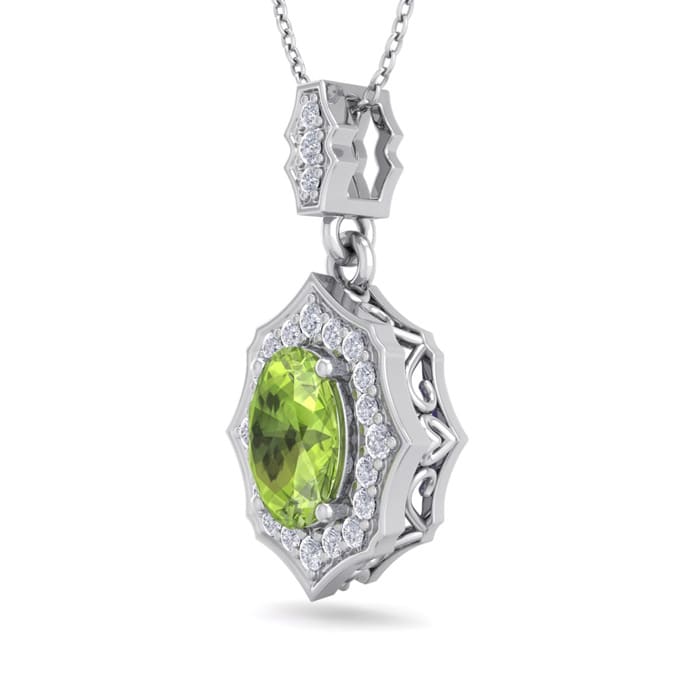 1 1/2 Carat Oval Shape Peridot and Diamond Necklace In 14 Karat White Gold, 18 Inches