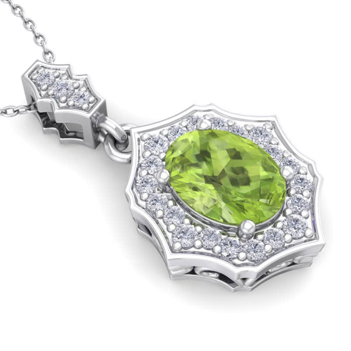 1 1/2 Carat Oval Shape Peridot and Diamond Necklace In 14 Karat White Gold, 18 Inches