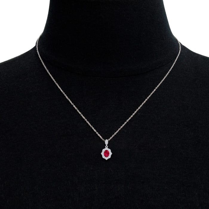 1 3/4 Carat Oval Shape Ruby and Diamond Necklace In 14 Karat White Gold, 18 Inches