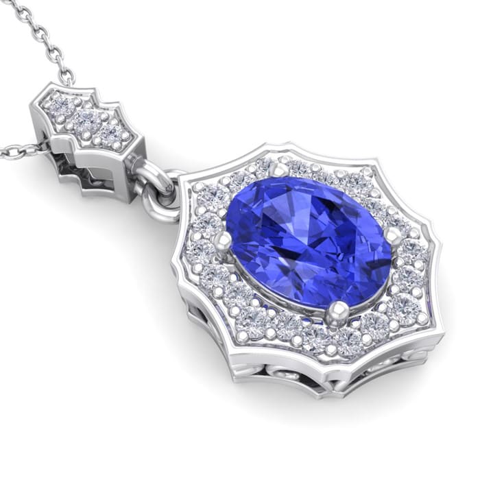 1 1/2 Carat Oval Shape Tanzanite and Diamond Necklace In 14 Karat White Gold, 18 Inches