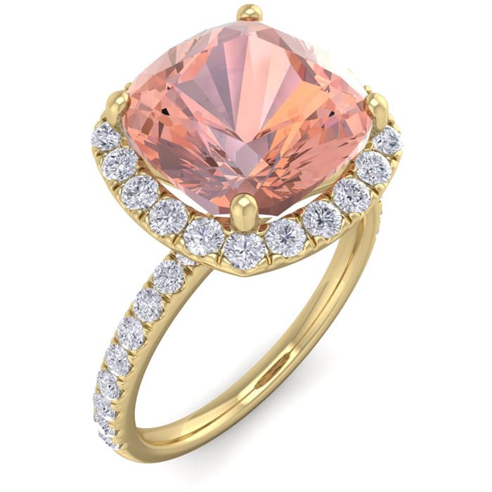 5 Carat Cushion Cut Morganite and Diamond Ring In 14 Karat Yellow Gold