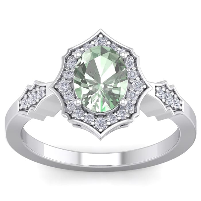 1 1/3 Carat Oval Shape Green Amethyst and Diamond Ring In 14 Karat White Gold