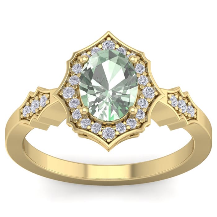 1 1/3 Carat Oval Shape Green Amethyst and Diamond Ring In 14 Karat Yellow Gold