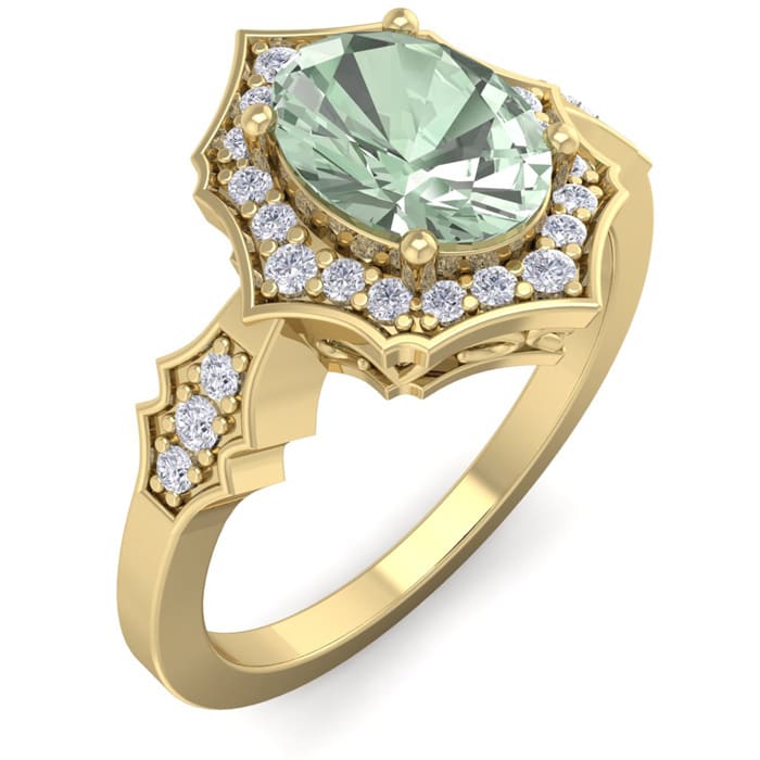 1 1/3 Carat Oval Shape Green Amethyst and Diamond Ring In 14 Karat Yellow Gold