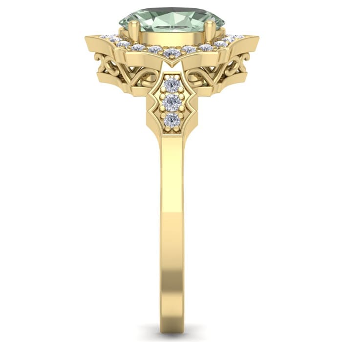 1 1/3 Carat Oval Shape Green Amethyst and Diamond Ring In 14 Karat Yellow Gold