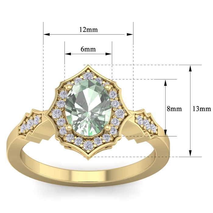 1 1/3 Carat Oval Shape Green Amethyst and Diamond Ring In 14 Karat Yellow Gold