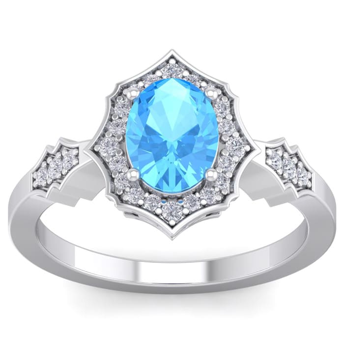1 3/4 Carat Oval Shape Blue Topaz and Diamond Ring In 14 Karat White Gold
