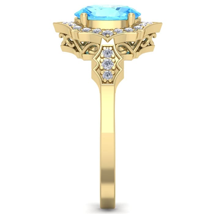 1 3/4 Carat Oval Shape Blue Topaz and Diamond Ring In 14 Karat Yellow Gold