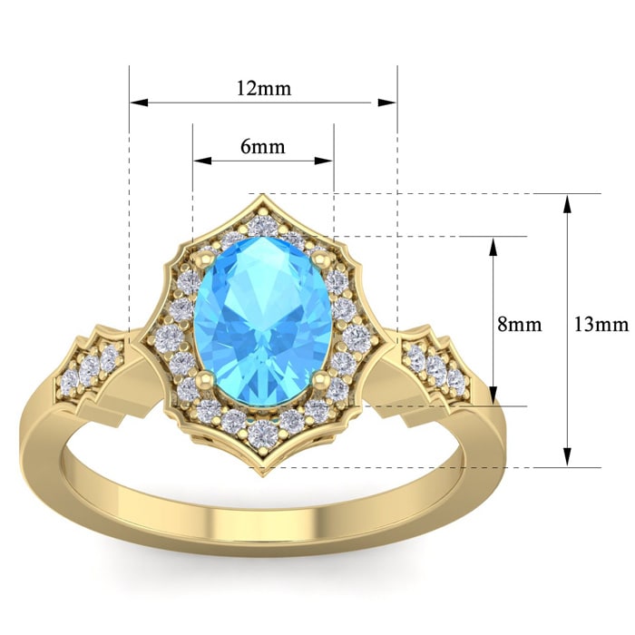 1 3/4 Carat Oval Shape Blue Topaz and Diamond Ring In 14 Karat Yellow Gold