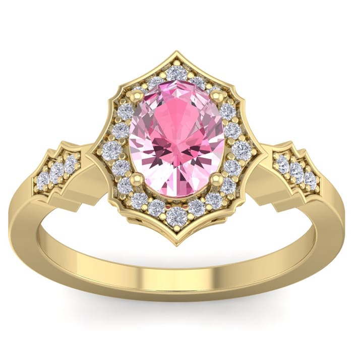 Pink Gemstones 1 3/4 Carat Oval Shape Pink Topaz and Diamond Ring In 14 Karat Yellow Gold