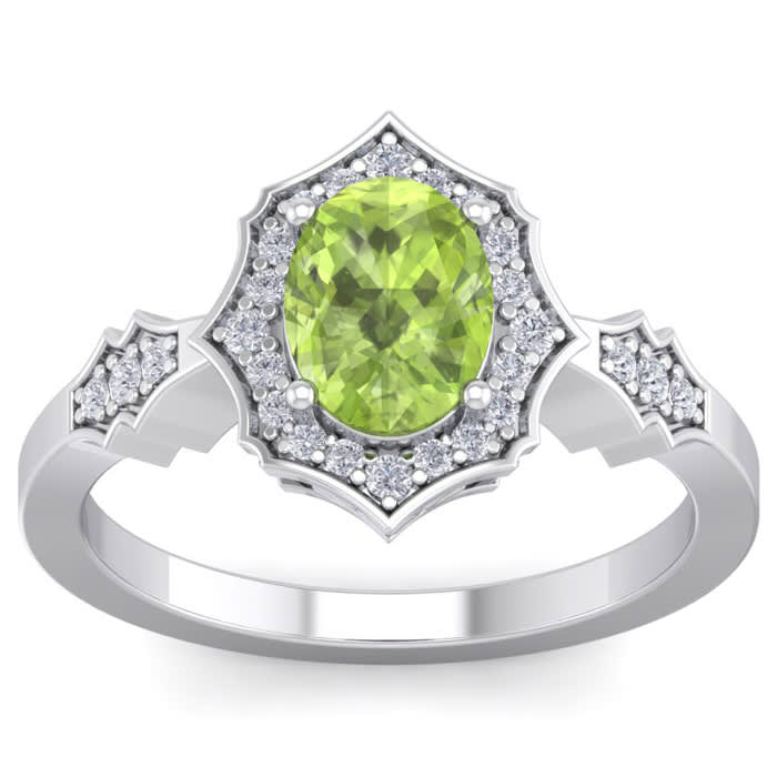 1 1/2 Carat Oval Shape Peridot and Diamond Ring In 14 Karat White Gold