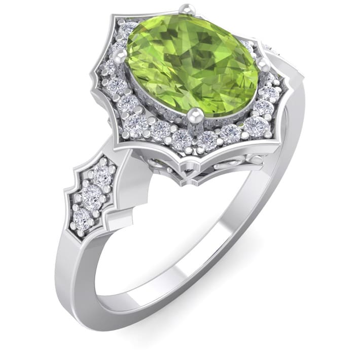 1 1/2 Carat Oval Shape Peridot and Diamond Ring In 14 Karat White Gold