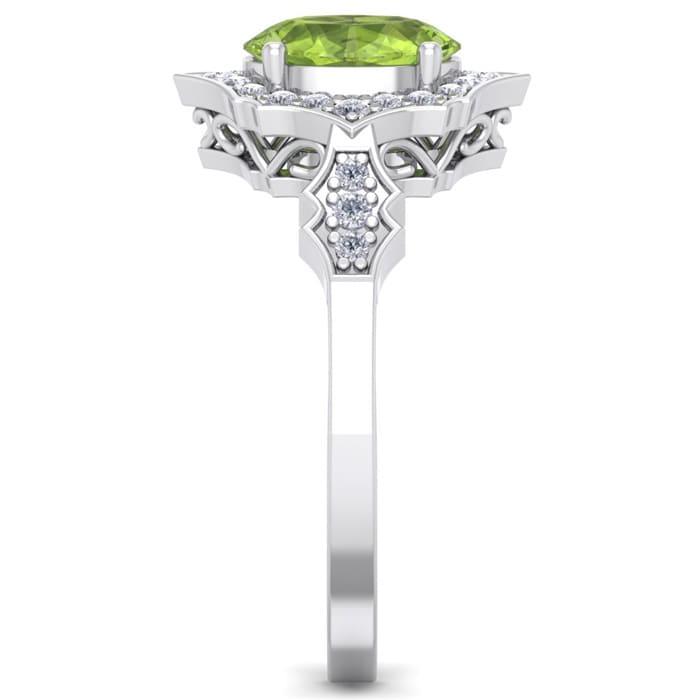 1 1/2 Carat Oval Shape Peridot and Diamond Ring In 14 Karat White Gold