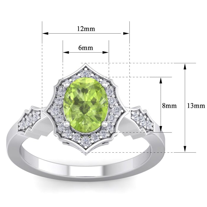 1 1/2 Carat Oval Shape Peridot and Diamond Ring In 14 Karat White Gold