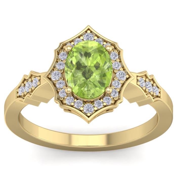 1 1/2 Carat Oval Shape Peridot and Diamond Ring In 14 Karat Yellow Gold