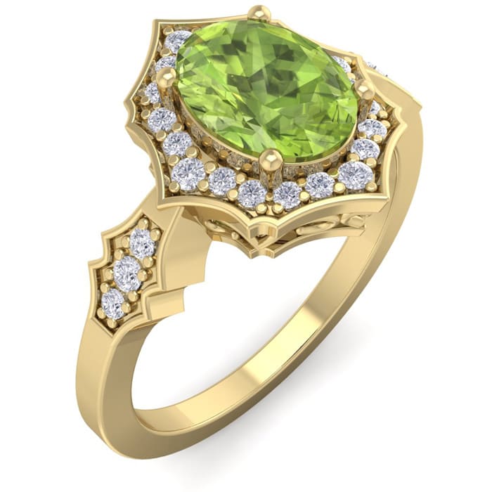 1 1/2 Carat Oval Shape Peridot and Diamond Ring In 14 Karat Yellow Gold