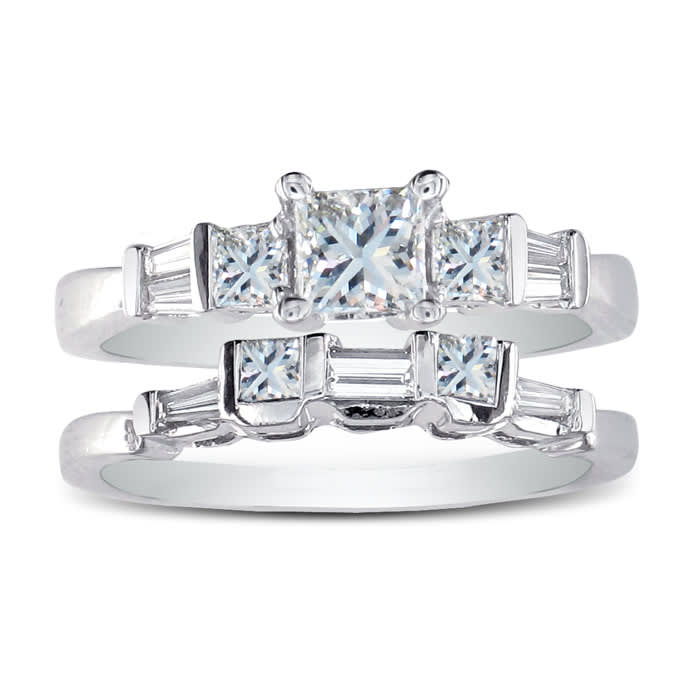 Estate Jewelry 1 Carat Princess and Baguette Created Diamond Bridal Set in Sterling Silver, Size 7