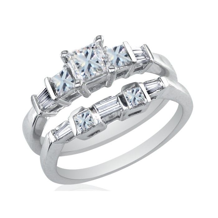 Estate Jewelry 1 Carat Princess and Baguette Created Diamond Bridal Set in Sterling Silver, Size 7