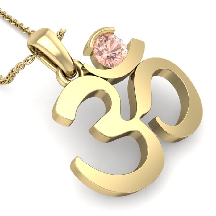 1/4 Carat Round Shape Morganite Om Necklace In 14 Karat Yellow Gold With 18 Inch Chain