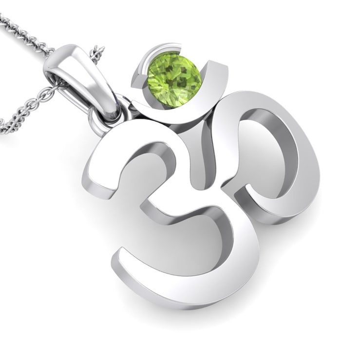 1/3 Carat Peridot Om Necklace In 14 Karat White Gold, 18 Inches