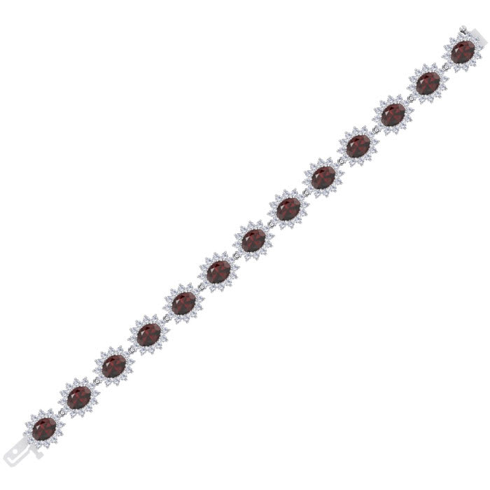 Garnet Bracelet: Garnet Jewelry: 24 Carat Oval Shape Garnet and Halo Diamond Bracelet In 14 Karat White Gold, 7 Inches