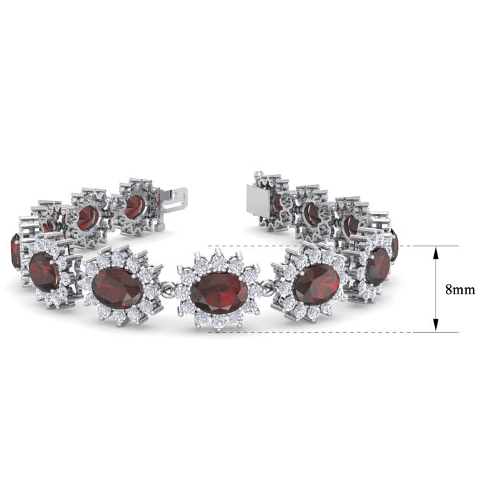 Garnet Bracelet: Garnet Jewelry: 24 Carat Oval Shape Garnet and Halo Diamond Bracelet In 14 Karat White Gold, 7 Inches