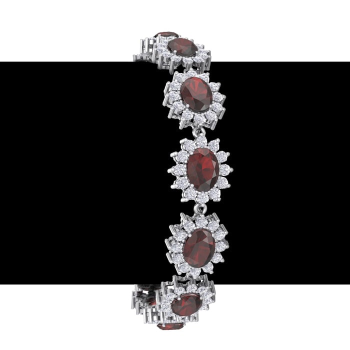 Garnet Bracelet: Garnet Jewelry: 24 Carat Oval Shape Garnet and Halo Diamond Bracelet In 14 Karat White Gold, 7 Inches