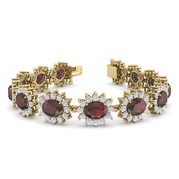 Garnet Bracelet: Garnet Jewelry: 24 Carat Oval Shape Garnet and Halo Diamond Bracelet In 14 Karat Yellow Gold, 7 Inches