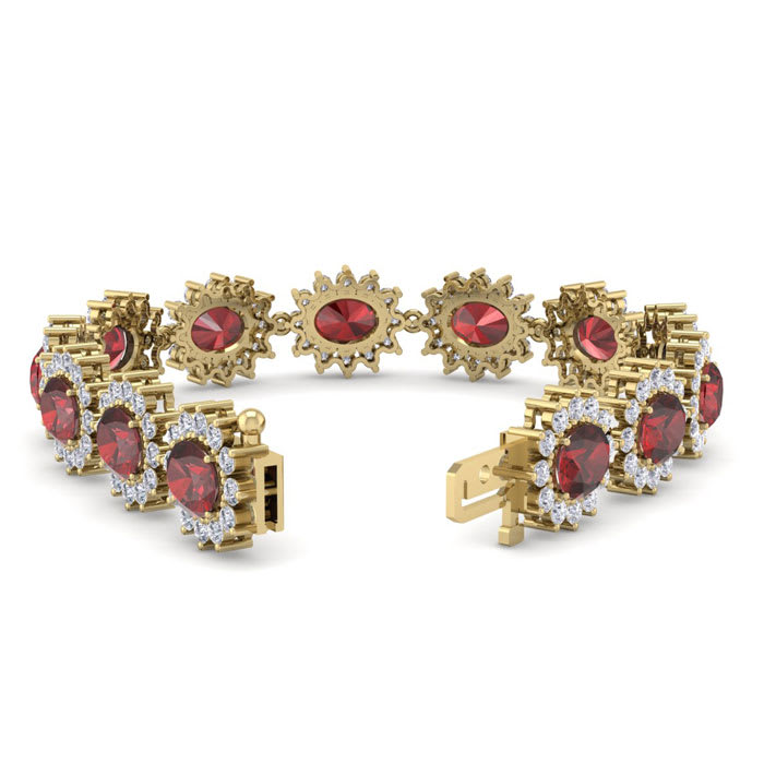 Garnet Bracelet: Garnet Jewelry: 24 Carat Oval Shape Garnet and Halo Diamond Bracelet In 14 Karat Yellow Gold, 7 Inches